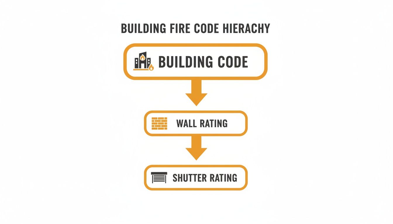 A flowchart illustrates the Building Fire Code Hierarchy: Building Code, followed by Wall Rating, and then Shutter Rating.