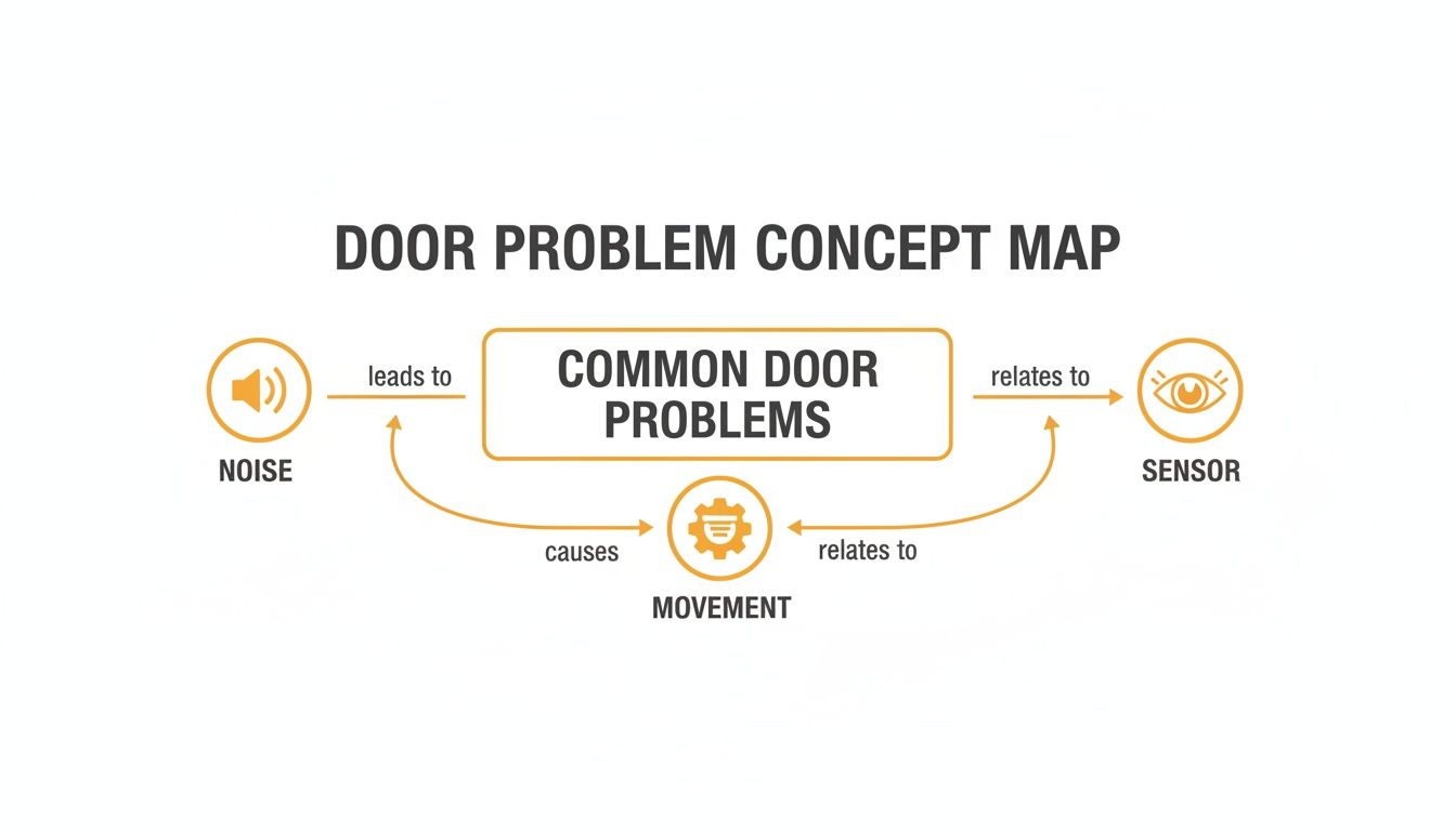 A concept map titled 'DOOR PROBLEM CONCEPT MAP' illustrating common door problems, noise, movement, and sensors.