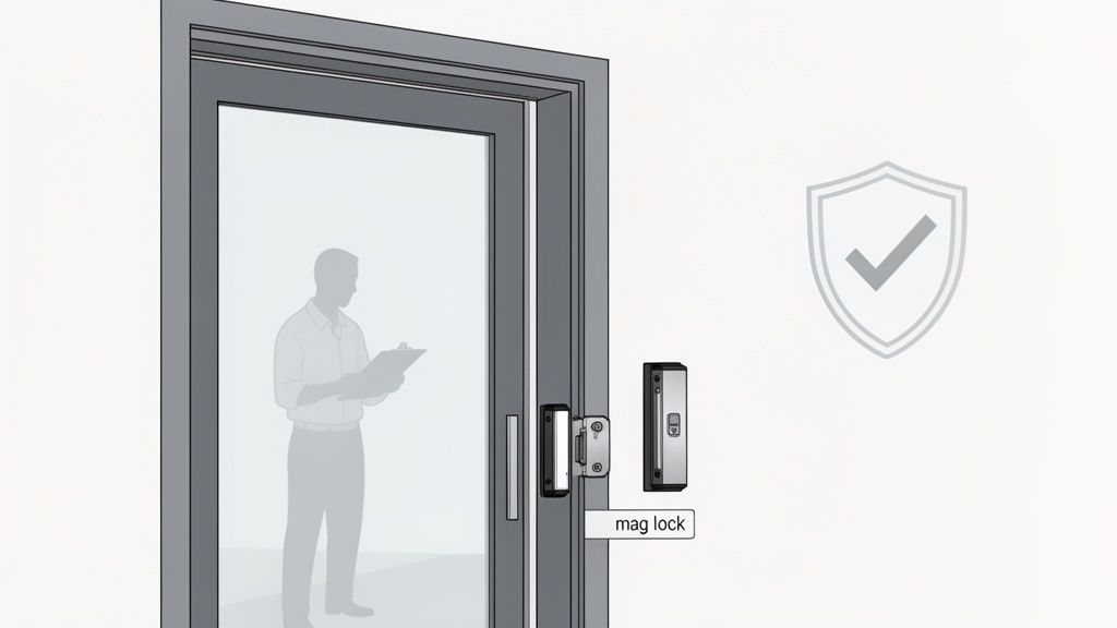 A magnetic lock system on a glass door, with a person inside and a security shield icon.