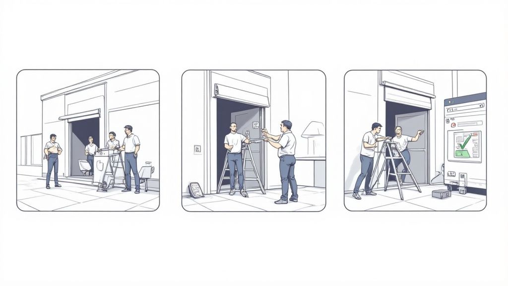 Technicians install and verify a new roll-up door system in three sequential steps, from preparation to completion.