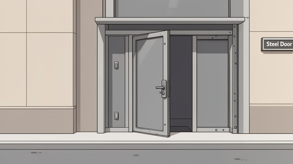 An open grey steel door with a handle, part of a commercial building entrance, next to a 'Steel Door' sign.