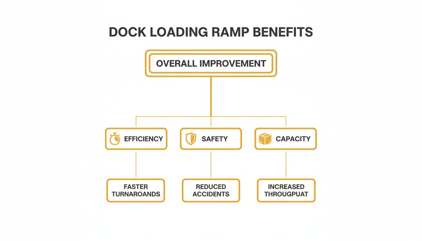 Flowchart illustrating dock loading ramp benefits, detailing overall improvement through efficiency, safety, and capacity gains.