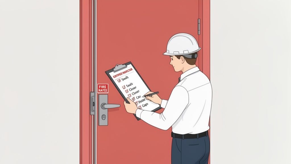 A certified inspector in a hard hat performs a fire door inspection with a checklist.