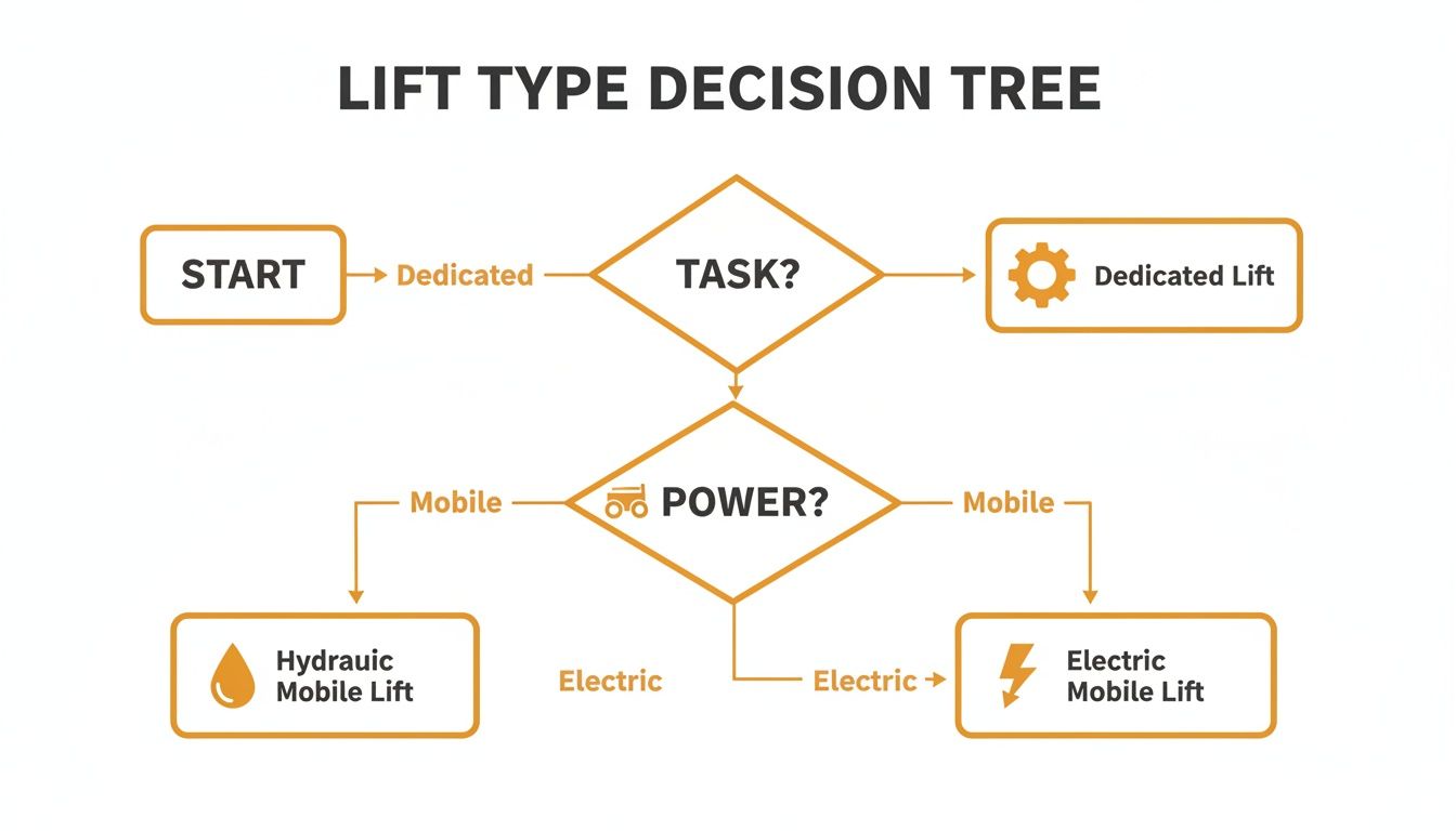 A lift type decision tree diagram showing choices based on task and power for selecting a lift.