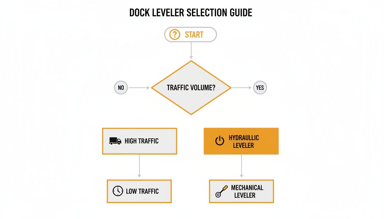 Flowchart illustrating a dock leveler selection guide based on traffic volume, leading to different leveler type choices.