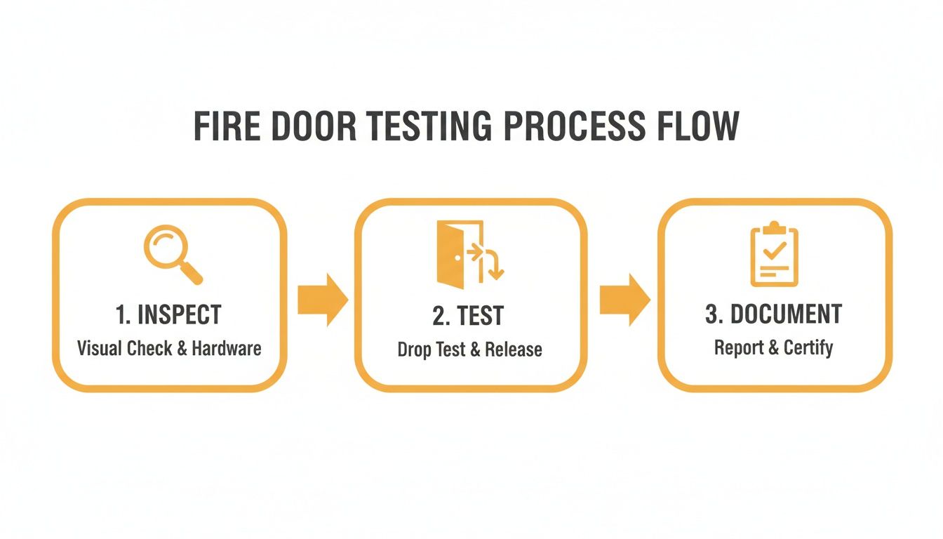 Flowchart illustrating the three-step fire door testing process: inspect, test, and document.