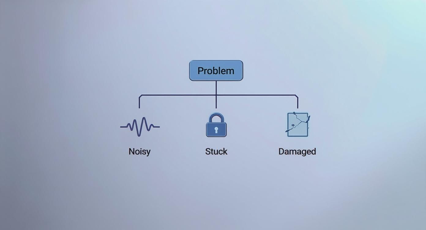A flowchart showing a "Problem" category with three sub-issues: "Noisy," "Stuck," and "Damaged."