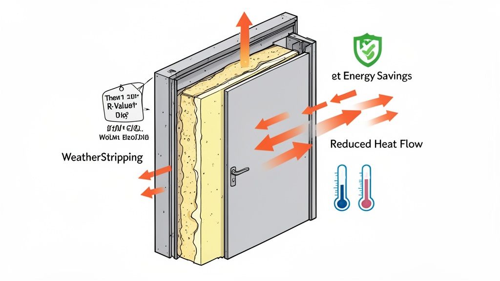 Cross-section of an insulated steel door showing heat flow reduction, weatherstripping, and energy savings.