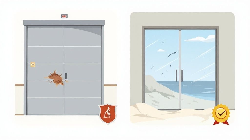 A large, durable commercial steel door on a modern industrial building, showing its strength and security features.