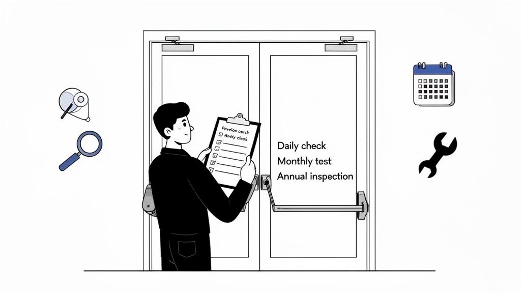 A person performs a daily check on panic bar doors, symbolizing regular maintenance and inspections.