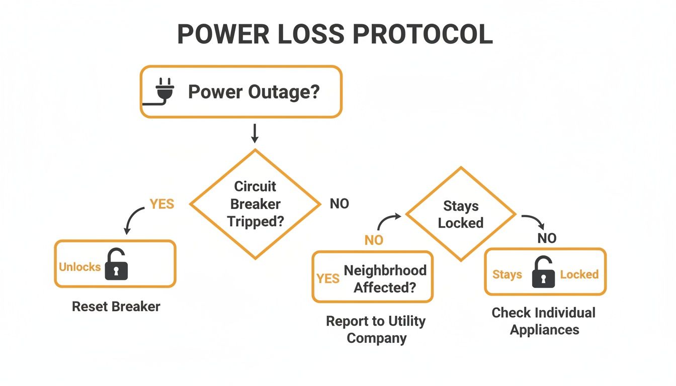 Flowchart detailing a power loss protocol, guiding through troubleshooting a power outage with circuit breakers and appliances.