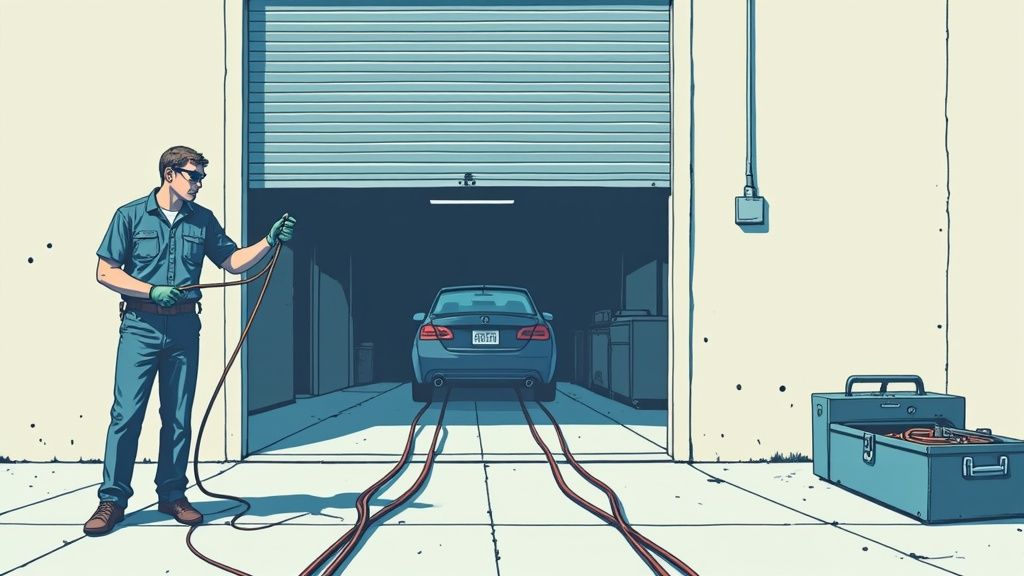 A man in uniform and gloves holds cables, preparing to work on a car in a garage.