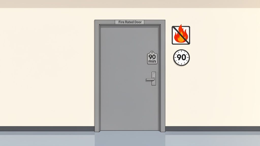 A grey fire-rated door with a '90 min' tag, a 'no fire' symbol, and a '90' clock for fire resistance.