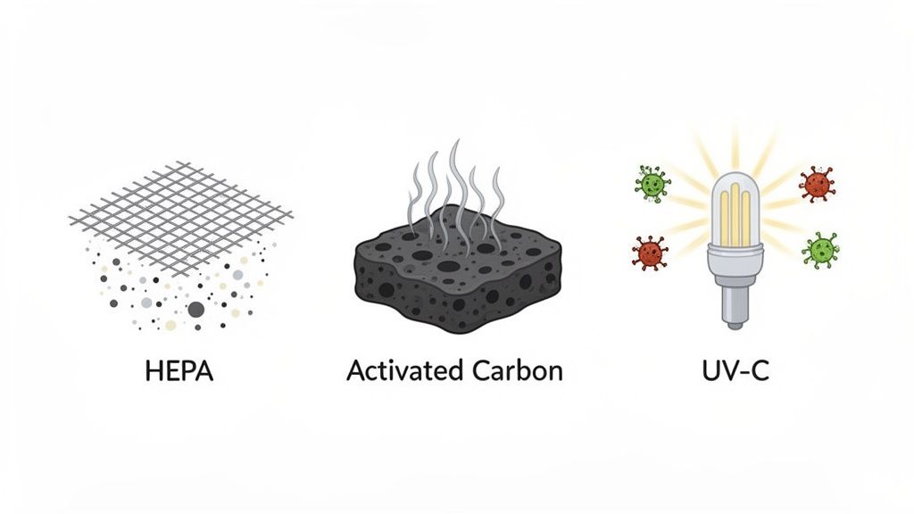 Three stages of air purification: HEPA filtration, activated carbon absorption, and UV-C light sterilization.