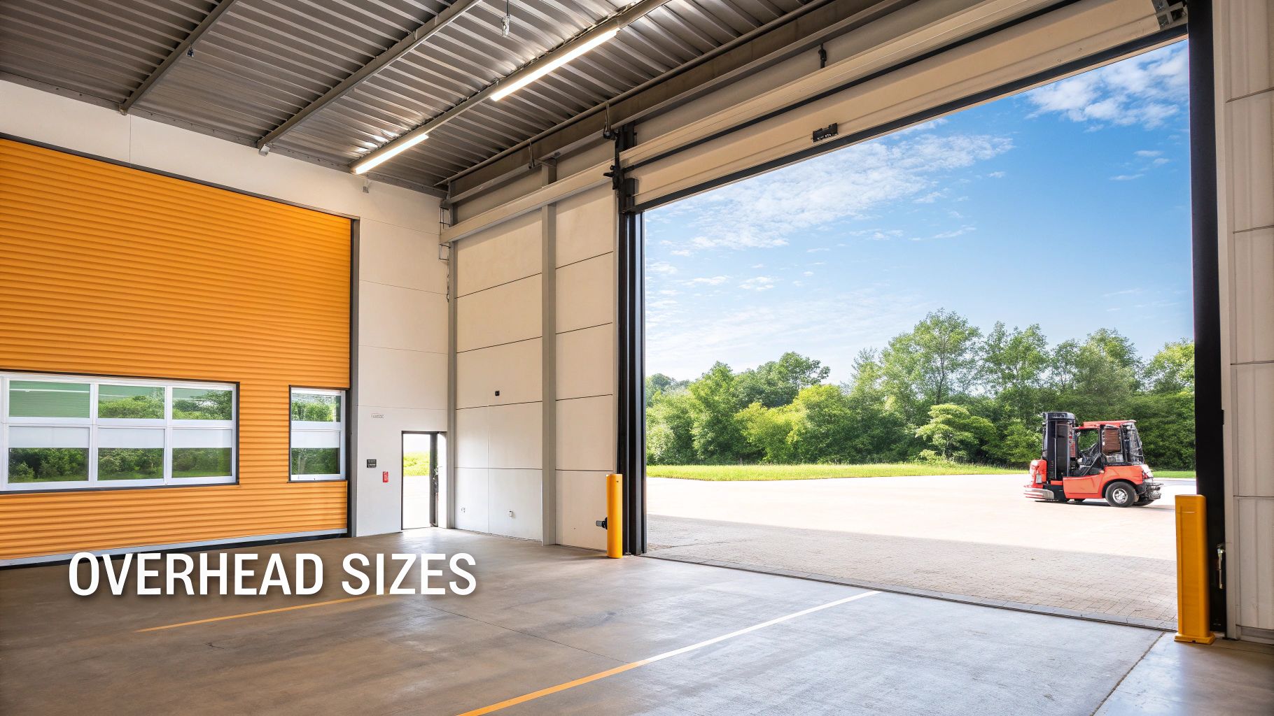 A modern warehouse with multiple large sectional overhead doors, illustrating standard commercial door sizes.