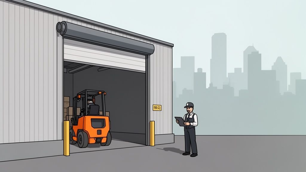 A worker reviews a clipboard outside a warehouse with an open garage door and a forklift inside.