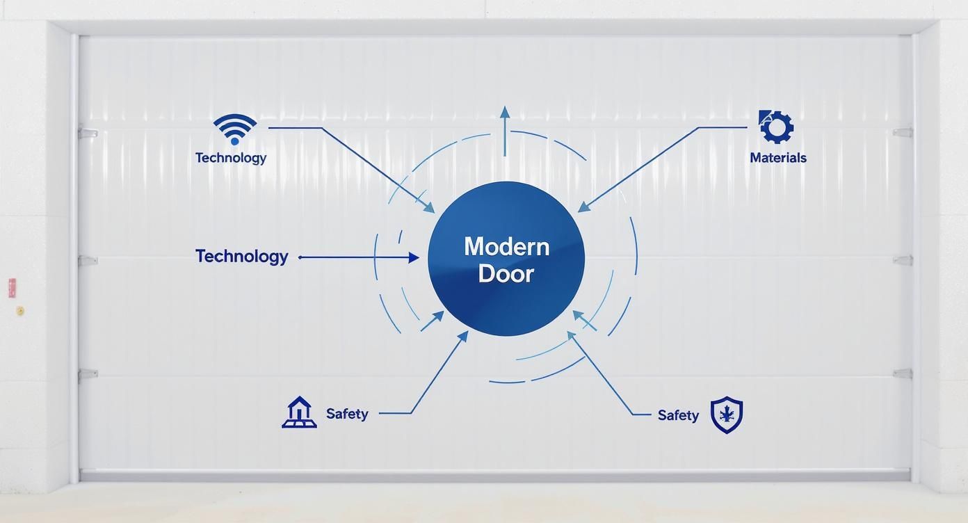 Infographic about modern garage door with alt text "Infographic showing the three pillars of a modern commercial garage door: Technology (smart operators, access control), Materials (insulated steel, high-speed fabric), and Safety (light curtains, photo-eyes)."