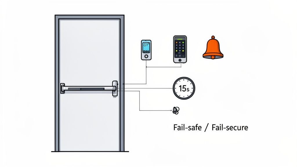 A diagram illustrates a panic bar door connected to smartphones, a 15-second timer, and an alarm bell for access control, indicating fail-safe or fail-secure operation.