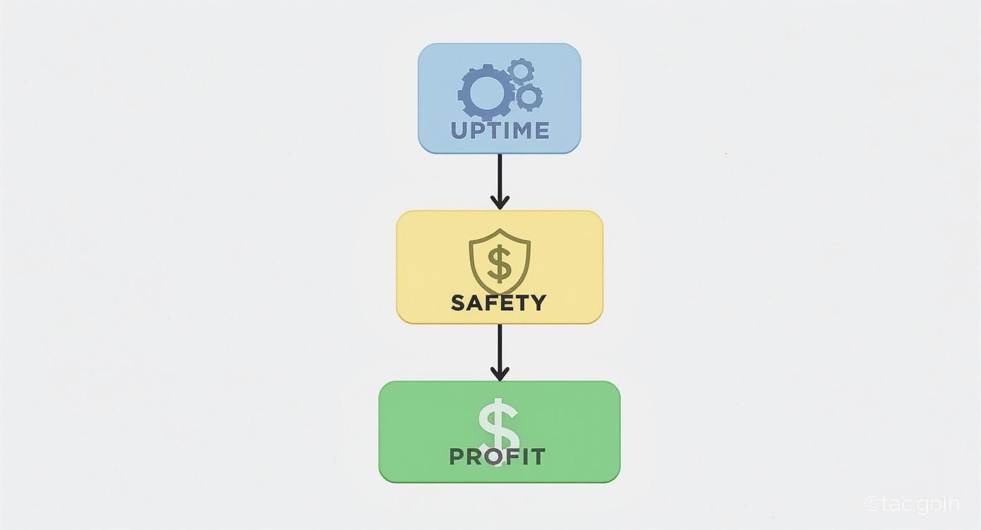 Vertical flowchart illustrating the progression from uptime, with gears, to safety, with a dollar shield, and ultimately to profit, with a dollar sign.