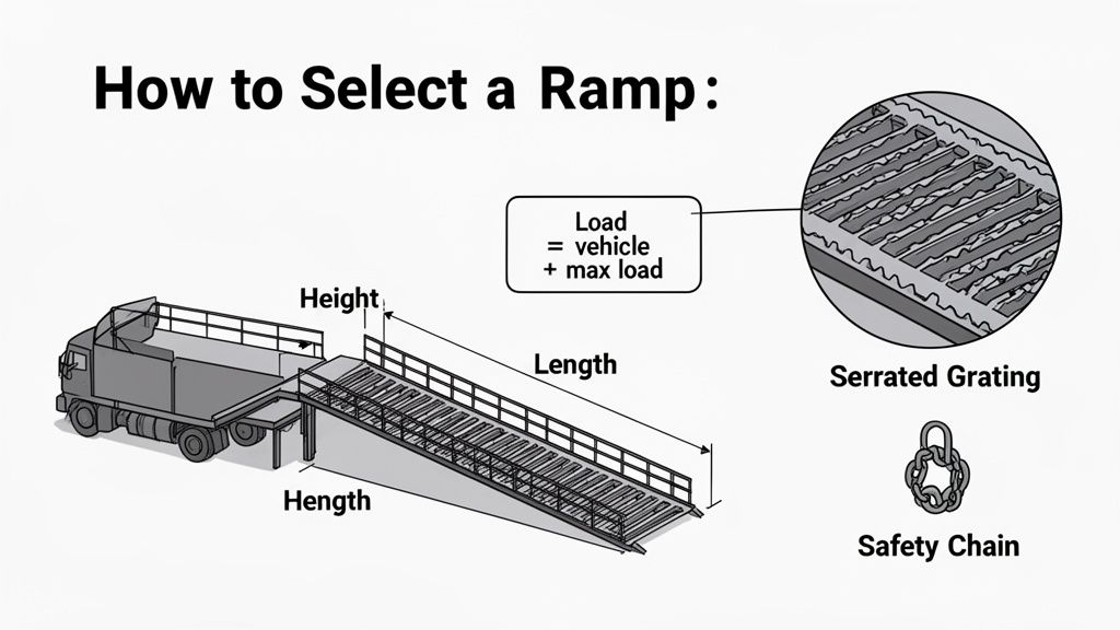 Diagram explaining how to select a ramp, showing height, length, load calculation, serrated grating, and safety chain.