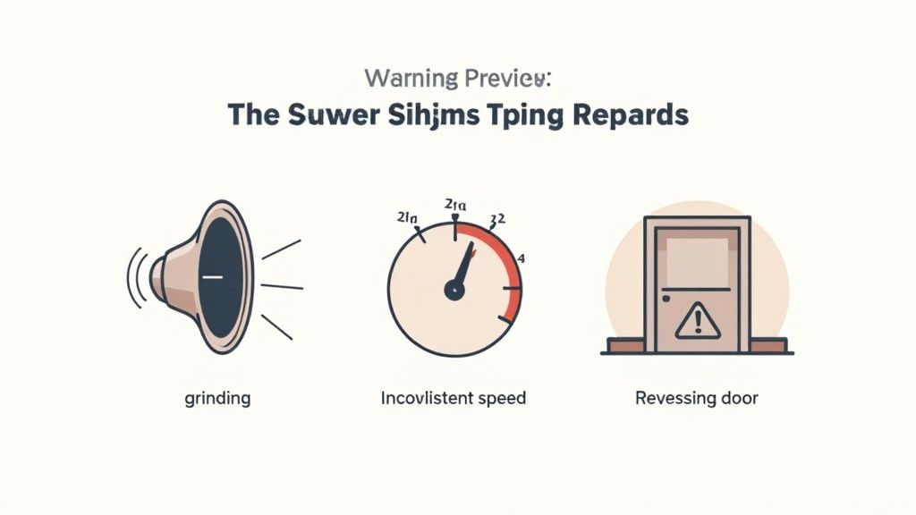 Three cartoon icons illustrating potential problems: grinding sound, inconsistent speed, and a reversing door warning.