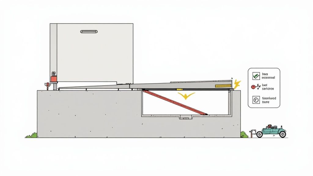 Detailed diagram illustrating a loading dock with an adjustable ramp and internal support mechanism.