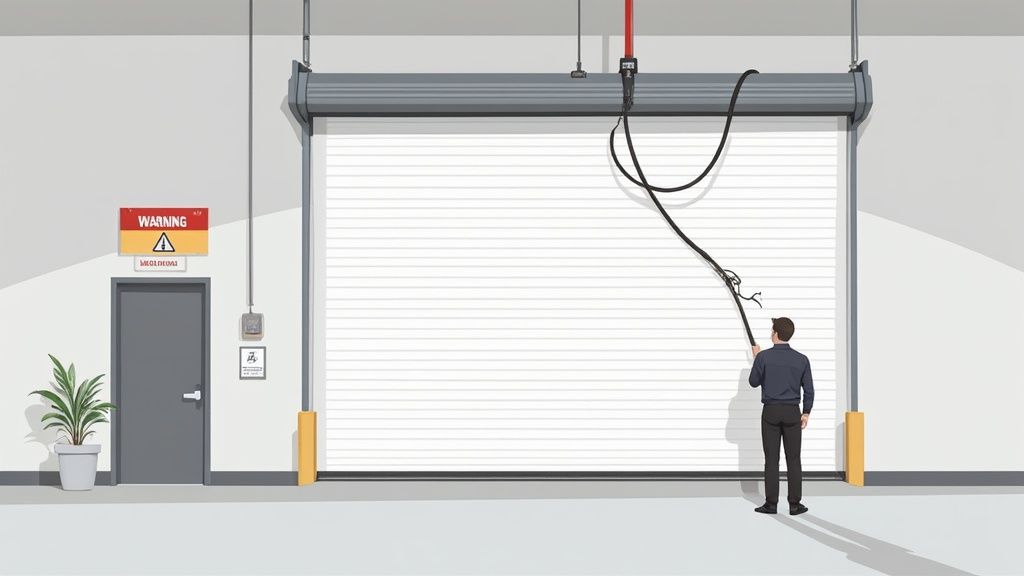 A man is pulling a damaged cable from a large white roller garage door, indicating a repair.