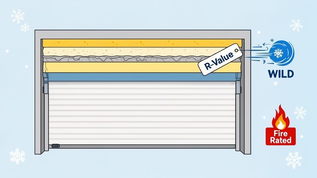 Cross-section of a multi-layered, insulated roll-up garage door with R-Value, designed for wild weather and fire-rated.