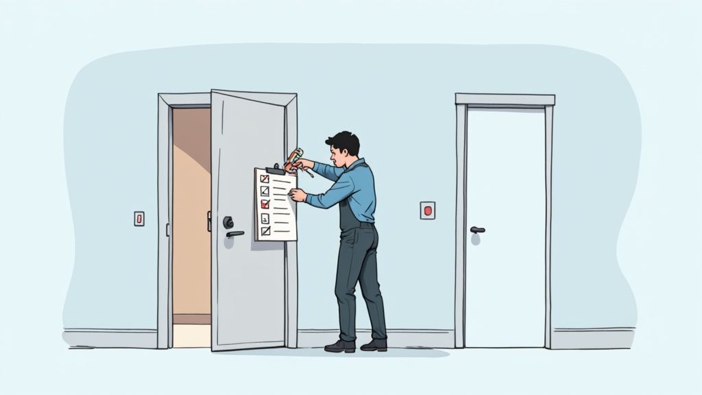 A handyman inspects a hollow metal door, marking items on a clipboard checklist in a building hallway.