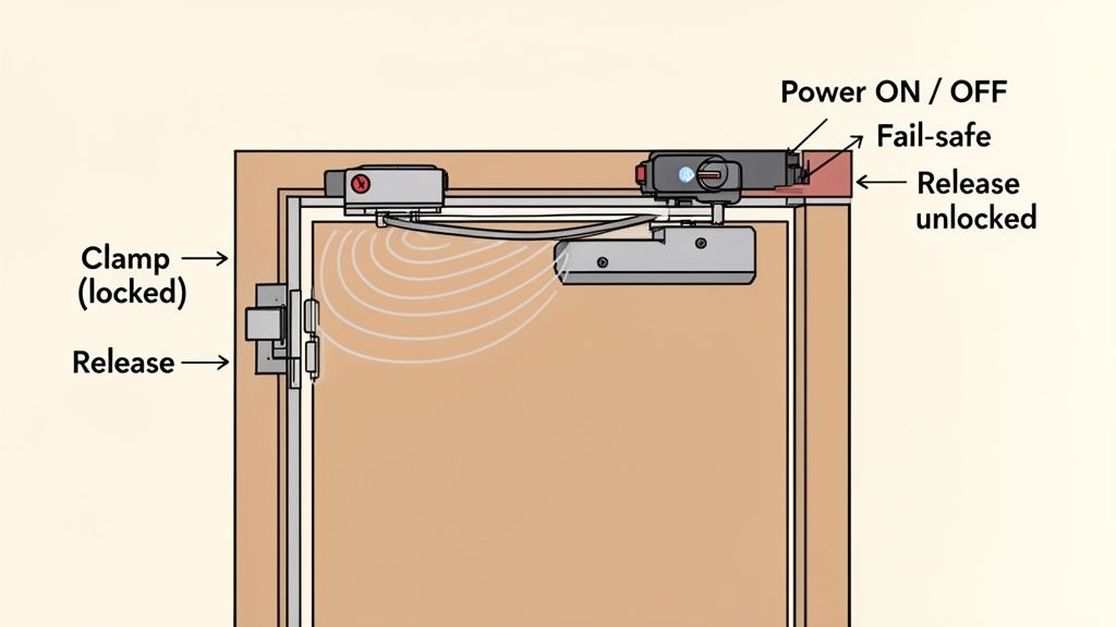 Detailed diagram of a magnetic lock system on a door frame, highlighting locked clamp and release mechanism.