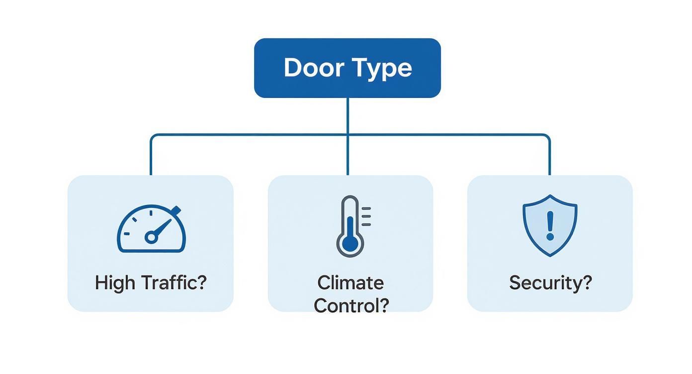 A flowchart illustrating key factors for door type selection: high traffic, climate control, and security.