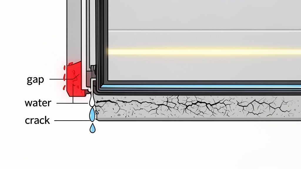 Diagram showing water leaking through a gap and cracks at the bottom of a garage door.