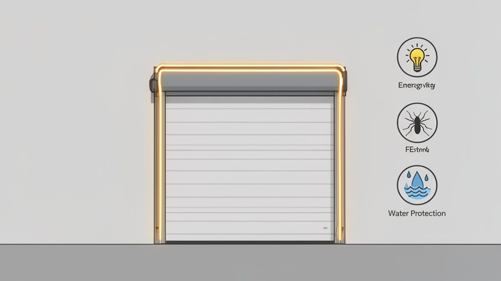 A modern garage door with a luminous weather seal, showing icons for energy, pest, and water protection.