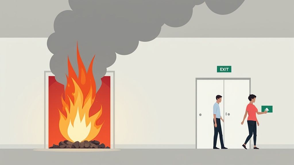 A fire blazes in a doorway while two people safely evacuate through a marked exit.