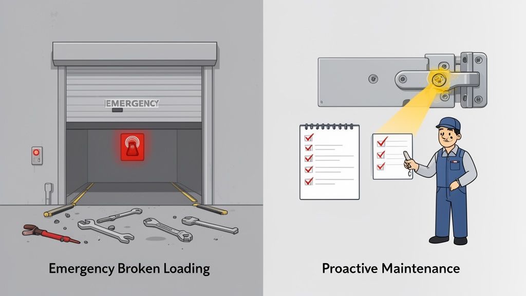 Illustration comparing a broken loading dock emergency with scattered tools to a technician performing proactive maintenance.