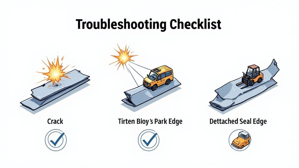 Troubleshooting checklist with illustrations for garage door seal issues: crack, vehicle parked on edge, and detached seal.