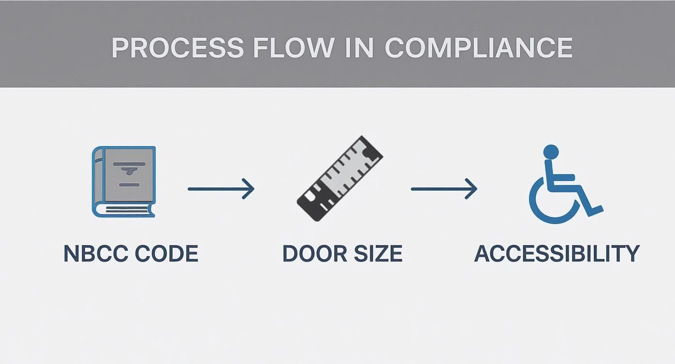 An infographic showing the process flow for commercial door compliance, starting with NBCC Code, moving to Door Size, and ending with Accessibility.
