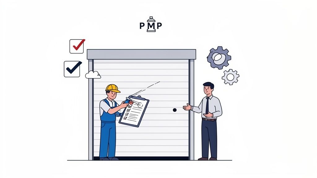 A technician inspects a garage door with a checklist while a businessman watches, symbolizing repair services.
