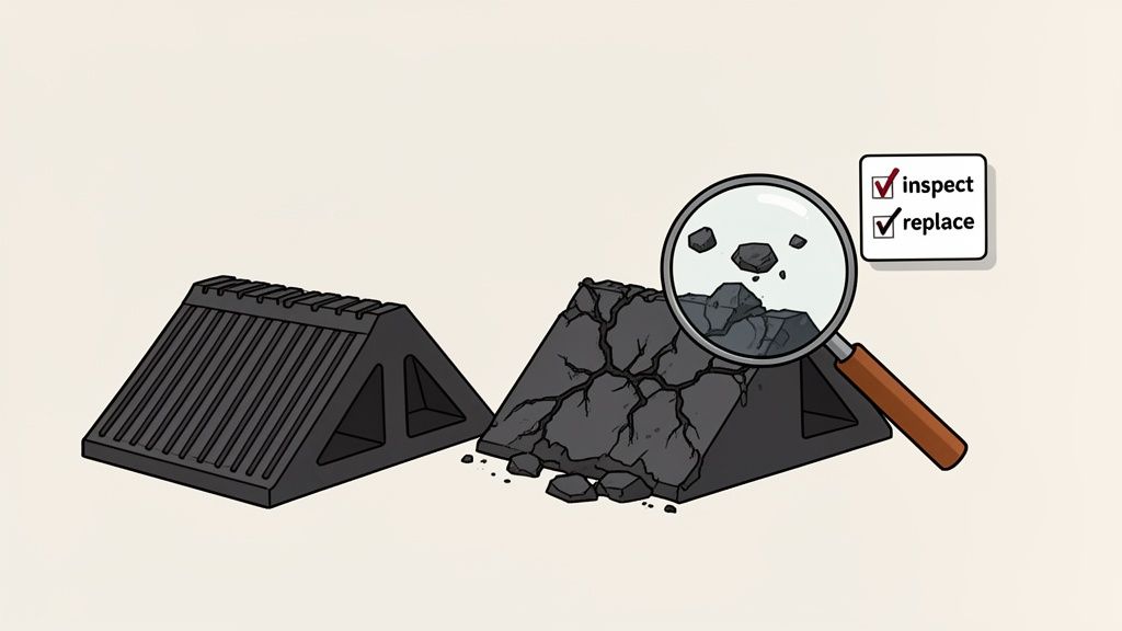 Illustration showing a new, intact wheel chock next to a broken, cracked one, with a magnifying glass examining the damage, suggesting inspection and replacement.