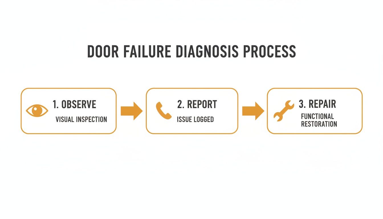 A diagram outlining the door failure diagnosis process with three steps: observe, report, and repair.