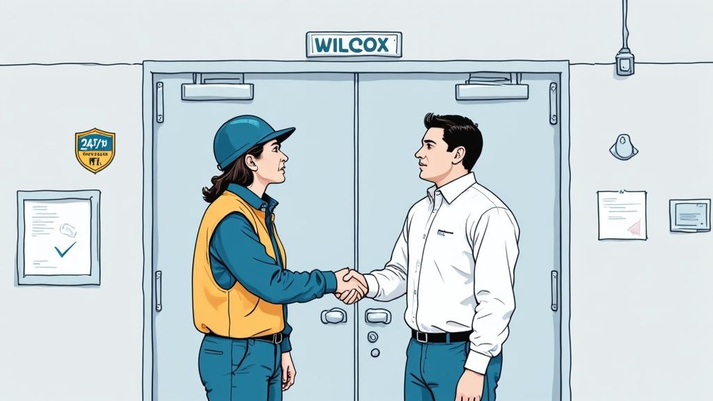 A certified Wilcox Door Service technician working on a commercial garage door operator.