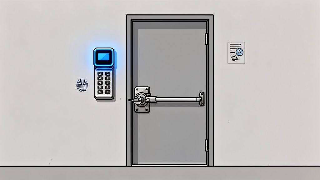 A grey security door with a panic bar, adjacent to a biometric keypad and a small warning sign.