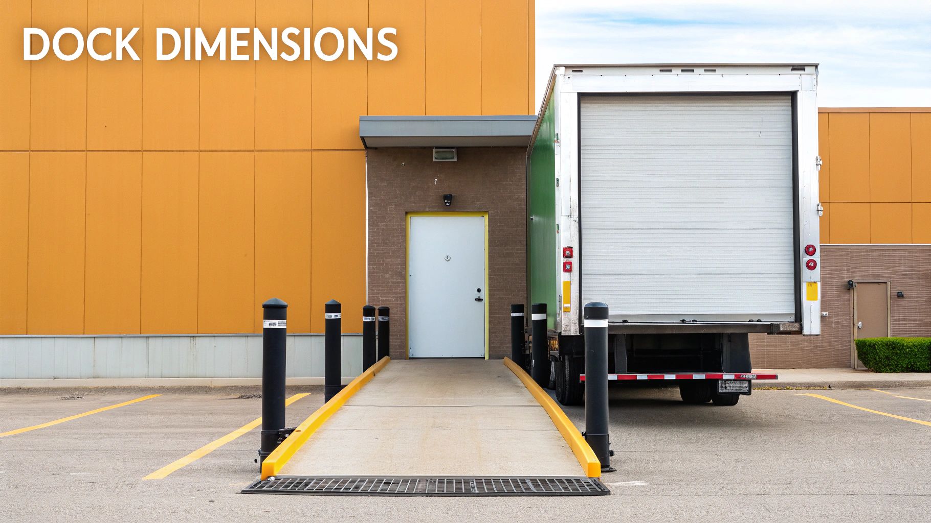 A busy loading dock with multiple standard-sized doors, showing trucks backed up to them.