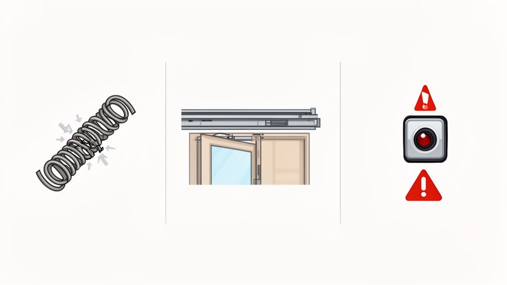 Illustration depicting a mechanical spring, a door closing mechanism, and a warning camera icon.