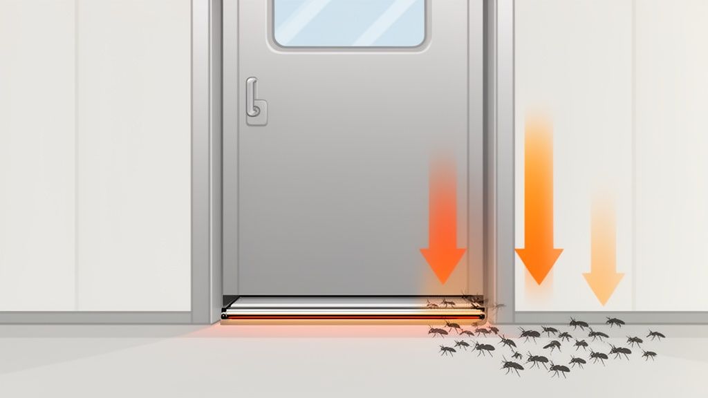 Ants are blocked by an automatic weather strip under a gray door, illustrating effective pest control.