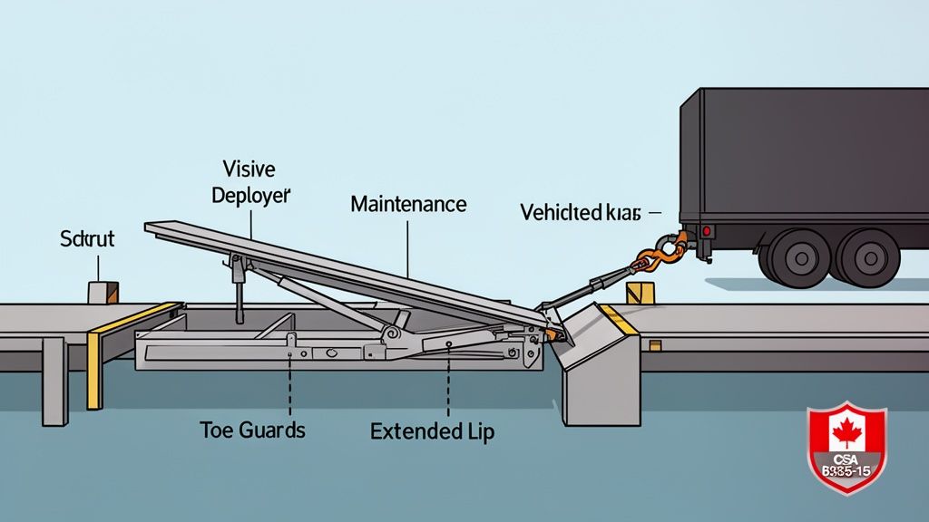 A detailed, labeled diagram illustrating the components of a dock leveler system connecting to a truck.