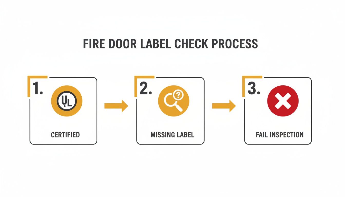 Infographic detailing the three-step fire door label check process: certified, missing label, and failed inspection.