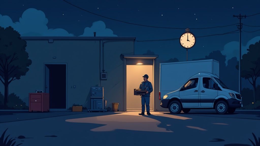 A uniformed man carrying a box stands by a delivery van at night, illuminated by a garage door.