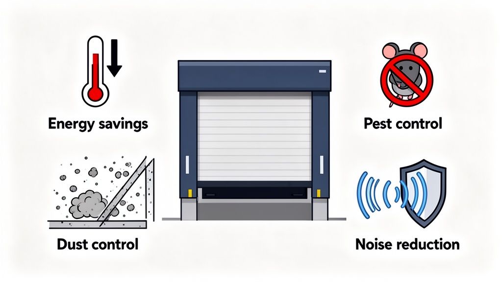An illustration showcasing a garage door with icons representing benefits: energy savings, pest control, dust control, and noise reduction.