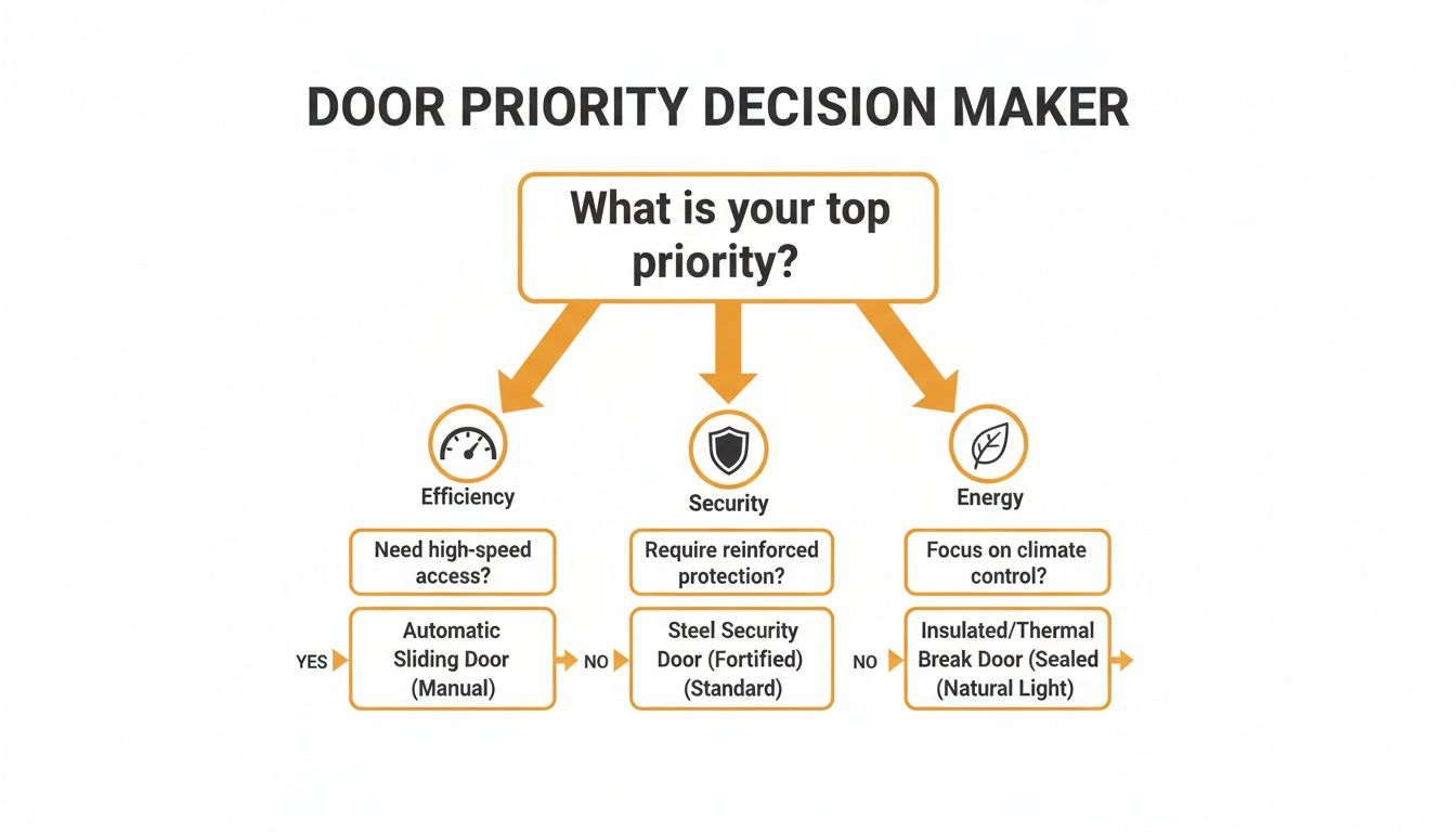A decision-making flowchart helps select the right commercial overhead door based on priorities: efficiency, security, or energy.